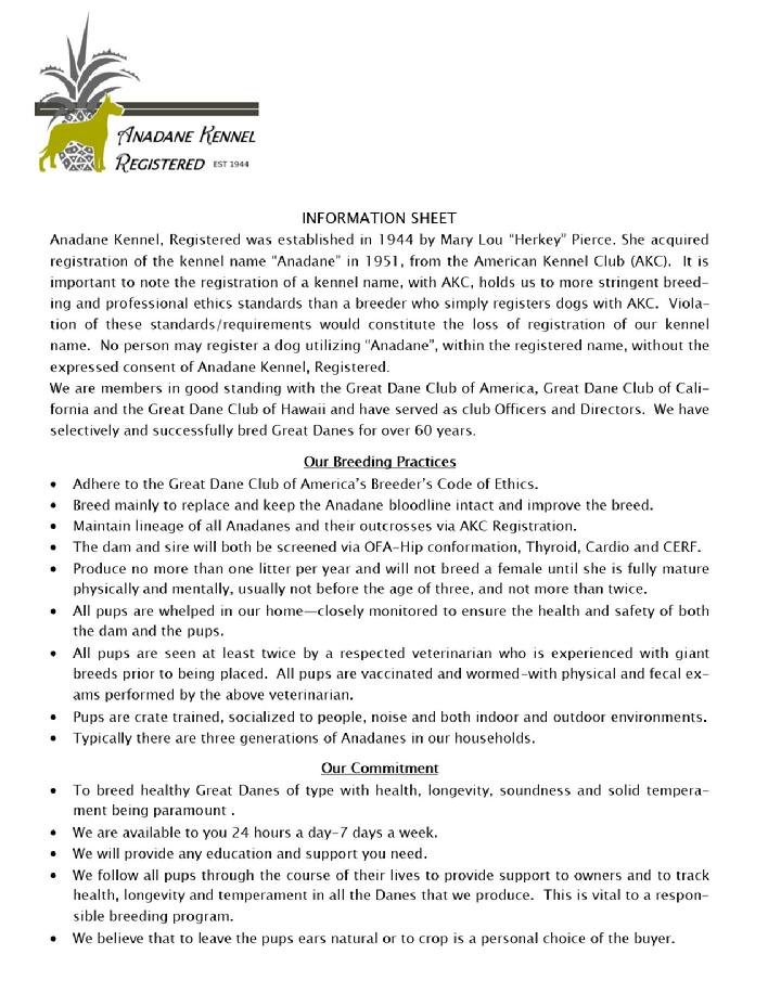 Anadane Kennel Reg'd Info and Policies