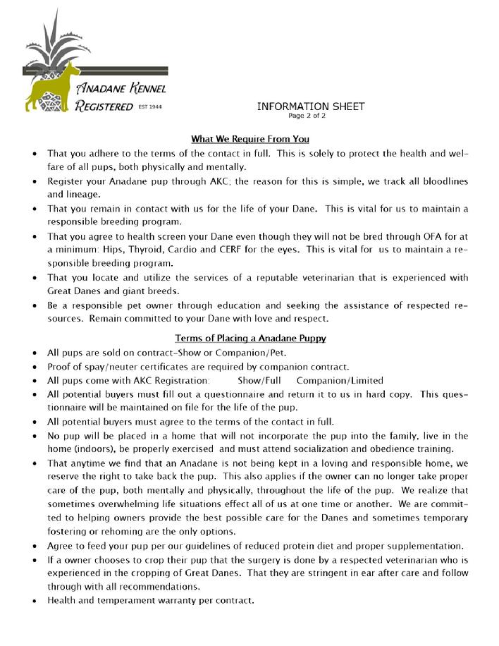 Anadane Kennel Reg'd Info and Policies